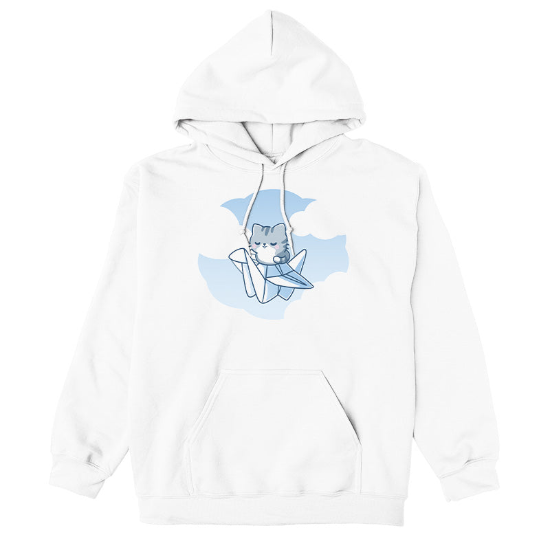 Pullover Hoodie_TeeTurtle white Paper Crane Pilot apparel featuring a gray cat sitting on a folded paper crane flying in the cloudy sky.