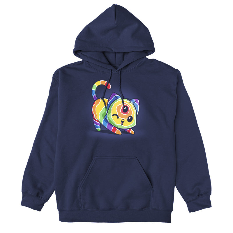 Pullover Hoodie_TeeTurtle navy blue Psychedelic Cat apparel featuring a cat with a psychedelic fur pattern, and a third eye on its forehead winking as it stretches.