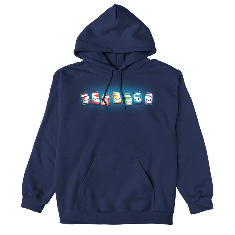 Pullover Hoodie_TeeTurtle navy blue rainbow milk featuring A row of six milk cartons, each with a different facial expression and color.