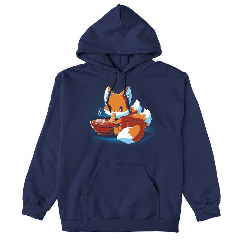 Pullover Hoodie_A cartoon fox, known as the Ramen Kitsune, is sitting and eating noodles from a bowl, holding the noodles with its paws. Steam rises from the bowl. This charming scene is printed on a super soft ringspun cotton navy blue monsterdigital Ramen Kitsune apparel.
