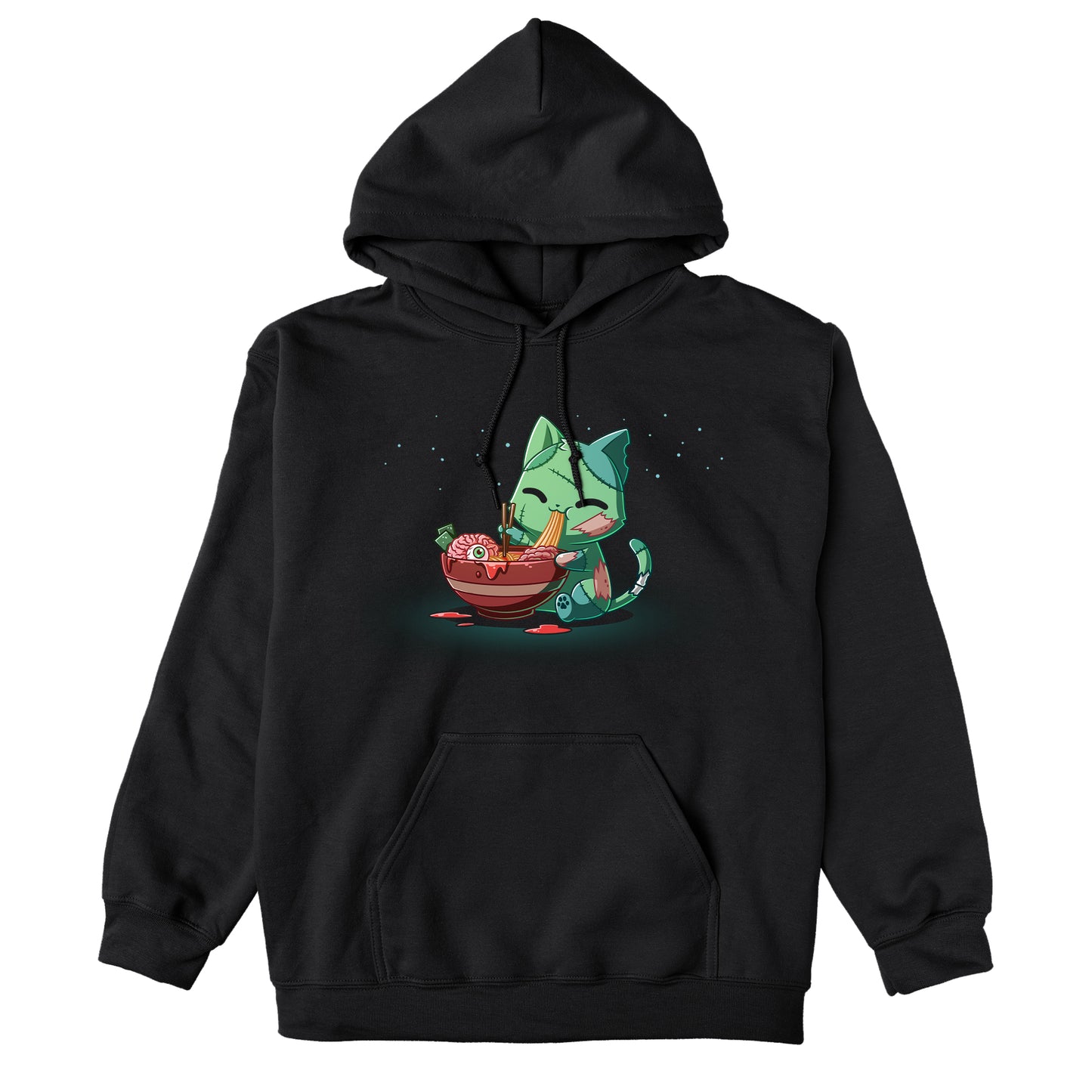 Pullover Hoodie_TeeTurtle black Ramen Zombie Cat apparel featuring a green zombie cat eating a bowl of ramen noodles with a brain and eyeball in it.