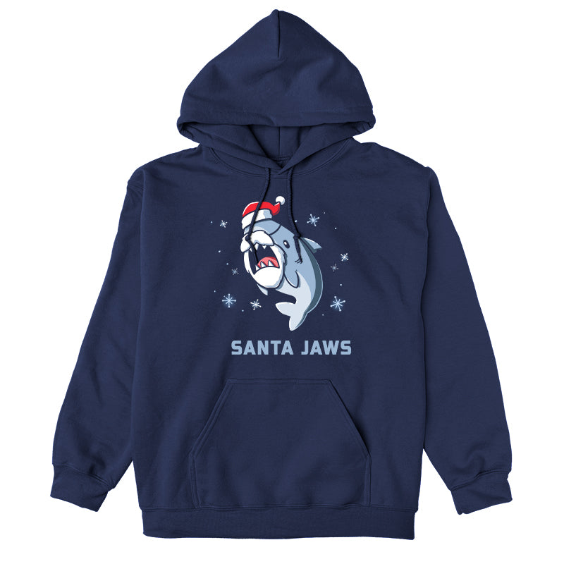 Pullover Hoodie_TeeTurtle Santa Jaws navy blue design featuring a Christmas shark dressed up as Santa