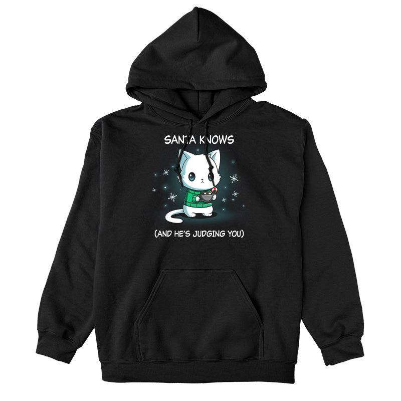 Pullover Hoodie_TeeTurtle black Santa Knows apparel featuring a cat with a deadpan expression holding mug with hot chocolate, marshmallows, and a candy cane surrounded by snowflakes, with the caption, “Santa Knows (And He’s Judging You)“.