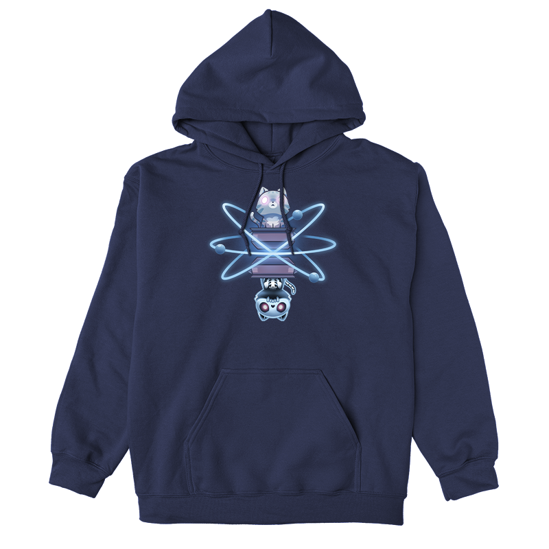 Pullover Hoodie_TeeTurtle navy blue Schrödinger’s Cat apparel featuring a cat with glowing eyes emerging from a box, and a skeleton cat as its mirror image emerging from another box, with both cats surrounded by atoms.