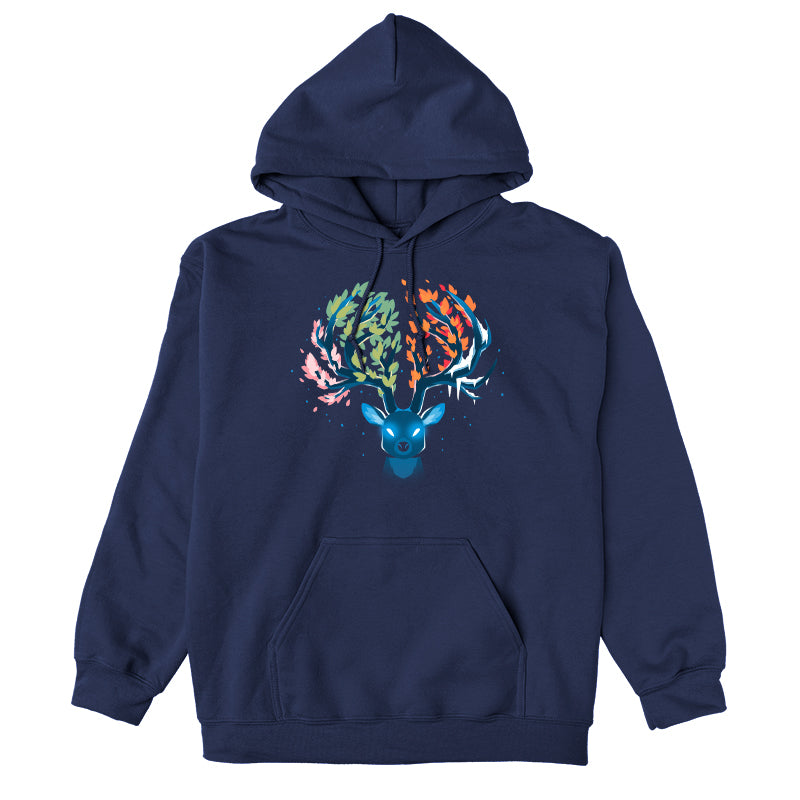 Pullover Hoodie_Teeturtle Seasonal Stag Navy Blue Featuring a stylized stag with glowing eyes and the tines of its horns covered in leaves of various colors as well as frost, representing each of nature's four seasons.