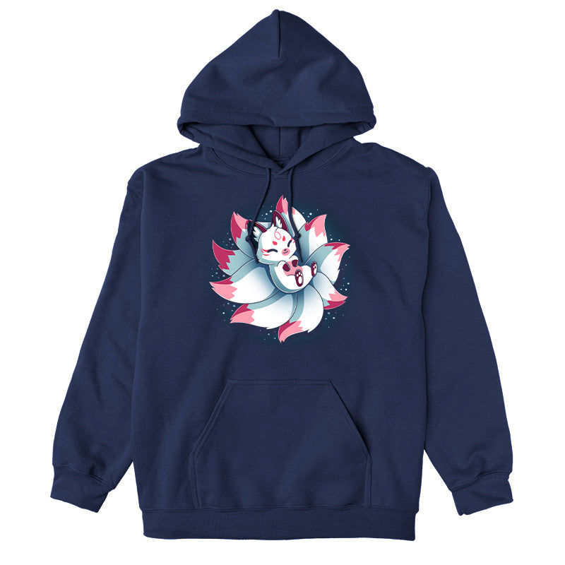 Pullover Hoodie_TeeTurtle navy blue Snuggly Kitsune apparel featuring a kitsune lying back on its tails like a pillow.