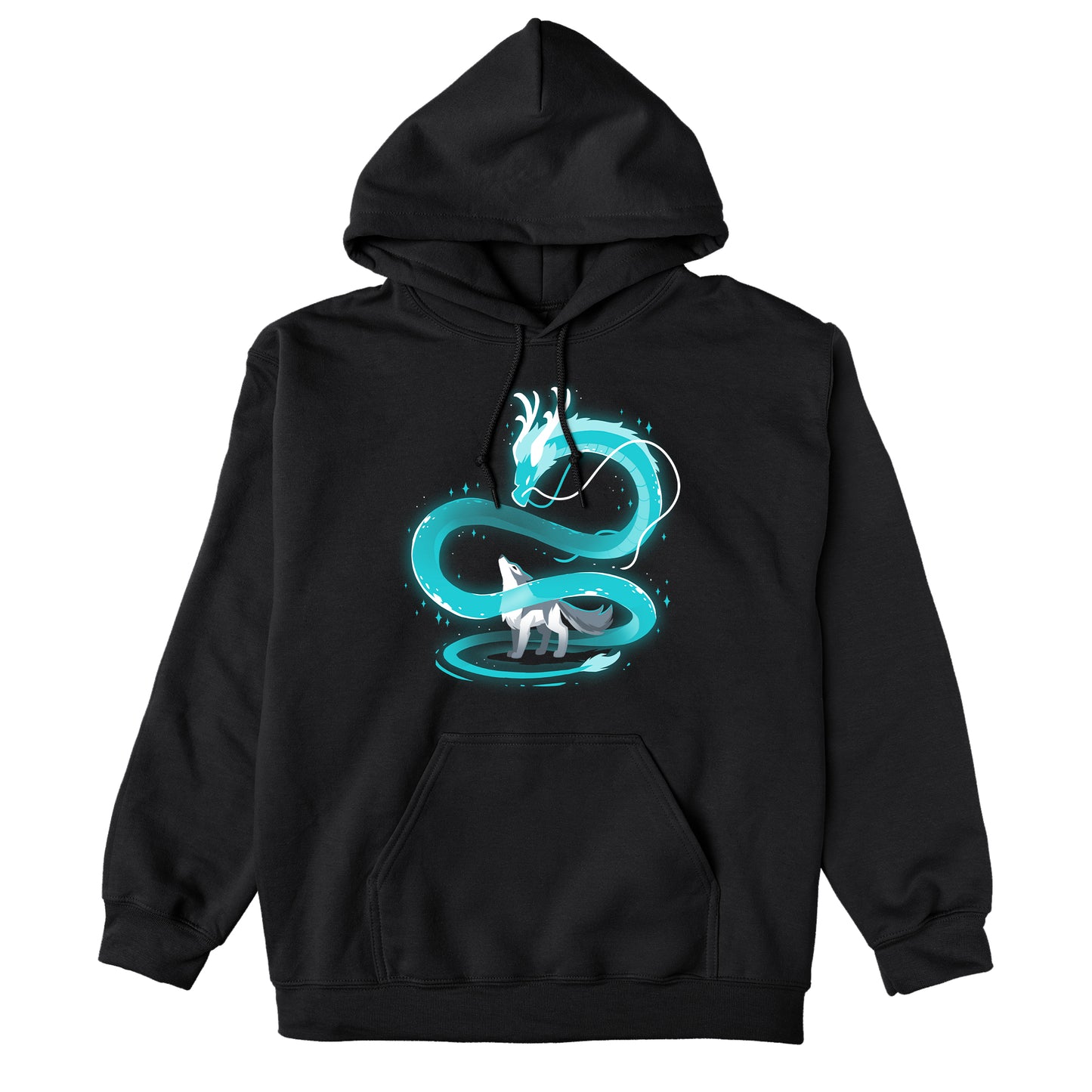 Pullover Hoodie_A glowing blue dragon spirals above a gray wolf, who looks upward in a black background. Both creatures are enveloped in an ethereal light, creating a mystical Spirit of the Moon scene on this super soft ringspun cotton black apparel by monsterdigital.