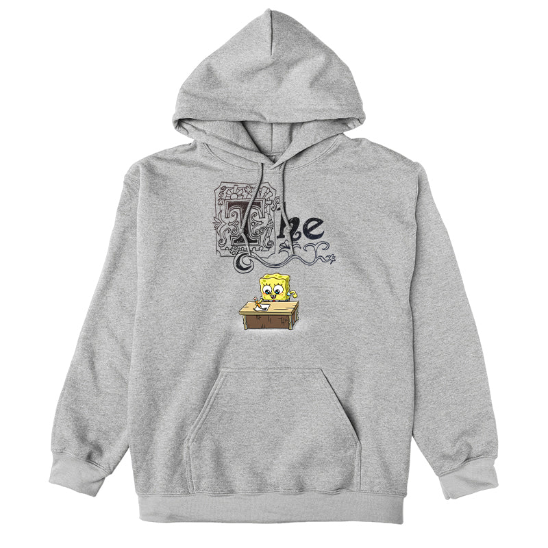 Pullover Hoodie_TeeTurtle heather gray SpongeBob's Essay apparel featuring SpongeBob sitting at a desk with a pencil writing his essay, with the word, “The” decorated with many flourishes on top.