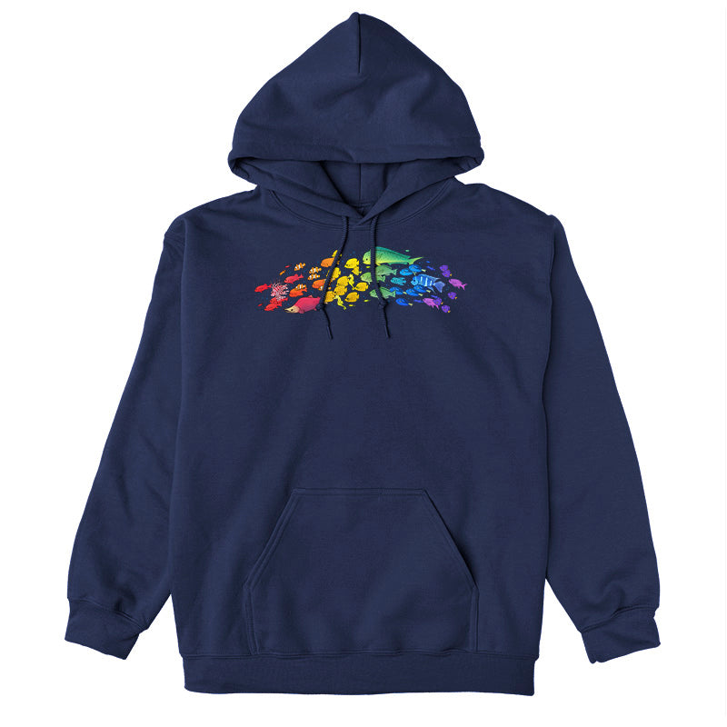 Pullover Hoodie_TeeTurtle navy blue Swimming Spectrum apparel featuring a school of fish in rainbow colors.