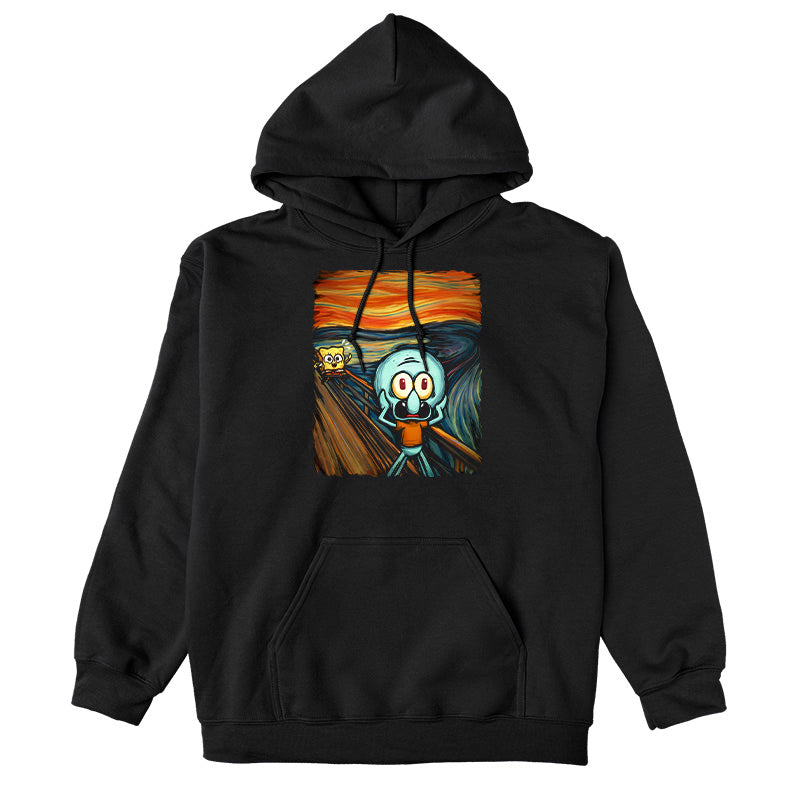 Pullover Hoodie_TeeTurtle black The Scream apparel featuring a screaming Squidward with SpongeBob running towards him in the background done in a style reminiscent of the painting The Scream.