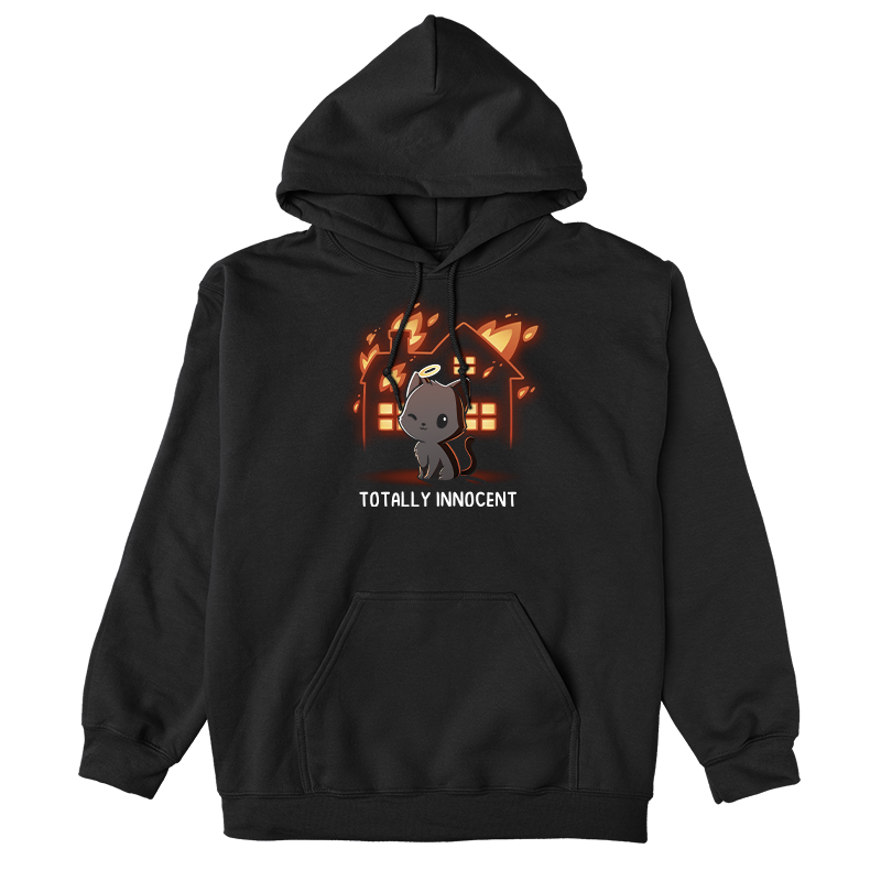 Pullover Hoodie_TeeTurtle black Totally Innocent apparel featuring a winking black cat with an angelic halo and a house on fire in the background.