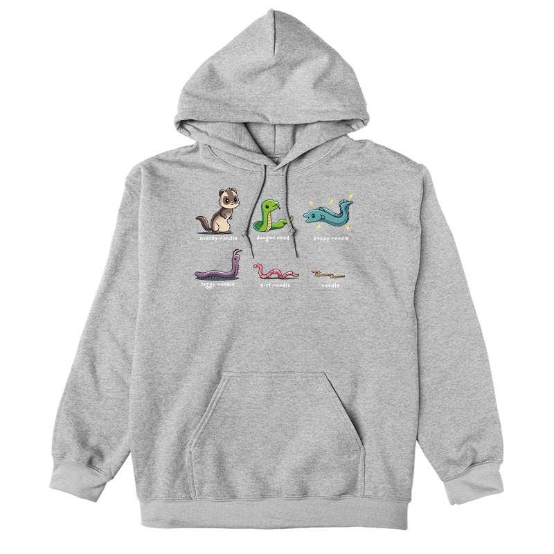 Pullover Hoodie_TeeTurtle heather gray Types of Noodles apparel featuring a weasel called a sneaky noodle, a snake called a danger noodle, a electric eel called a zappy noodle, a millipede called a leggy noodle, a worm called a dirt noodle, and a pasta noodle called a noodle.