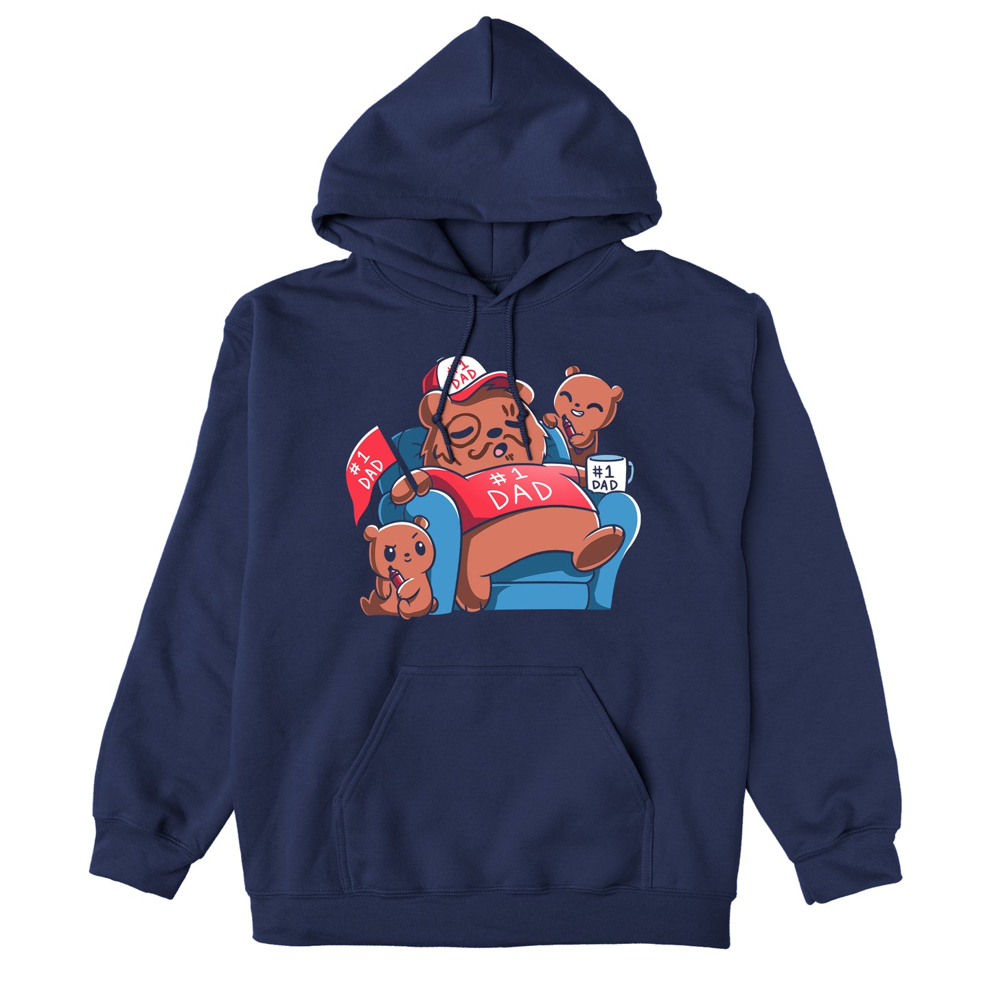 Pullover Hoodie_TeeTurtle navy blue World's Greatest Dad apparel featuring a sleeping father grizzly bear on a blue recliner with a #1 Dad shirt, flag, mug, and hat with marker doodles on his face, and two cubs holding markers and snickering mischievously.