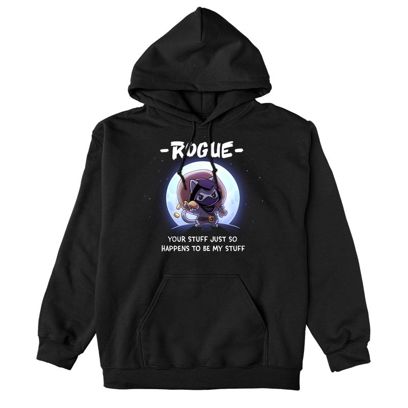 Pullover Hoodie_TeeTurtle black Your Stuff Is My Stuff apparel featuring a rogue cat with a large treasure sack on its back holding a pouch of gold coins with a full moon in the background, and the caption, â- Rogue -, Your Stuff Just So Happens To Be My Stuffâ.