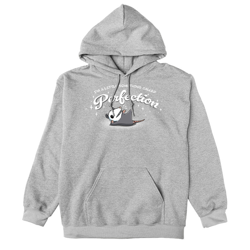 Pullover Hoodie_TeeTurtle heather gray I Am Perfection apparel featuring an opossum lying down propped up on its elbow with a front paw and back paw up in the air with the caption, “I’m a little something called perfection”.