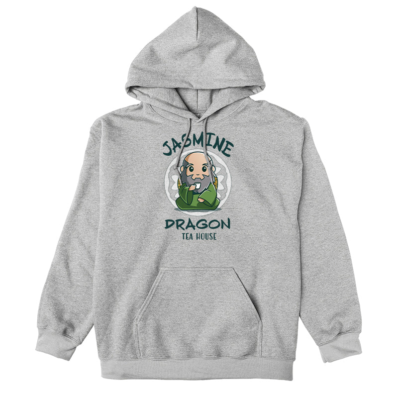 Pullover Hoodie_TeeTurtle heather gray Jasmine Dragon Tea House apparel featuring Iroh holding a teacup.