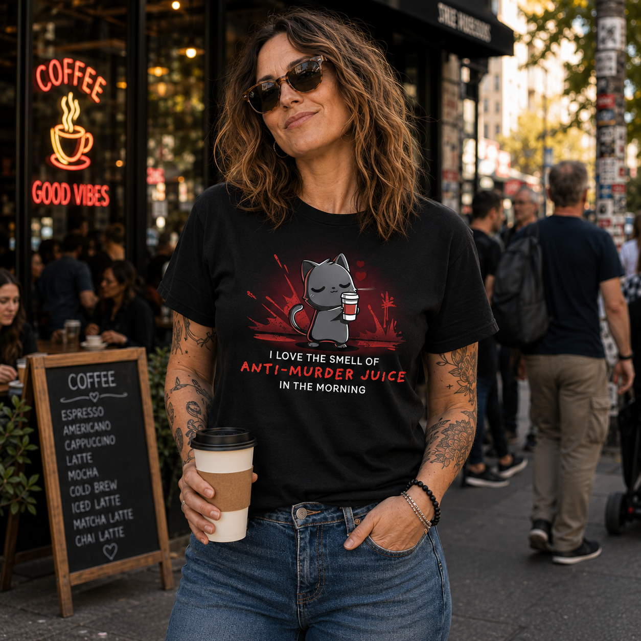 Premium Cotton T-shirt_TeeTurtle Anti-Murder Juice black t-shirt featuring a cat holding a coffee lovingly with red splatters behind.