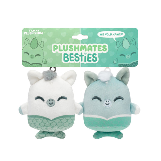 Two Plushiverse Happy Hippocampus plush toy characters, styled as a mermaid and a unicorn from the Myths & Cryptids collection, packaged together under a sign reading 