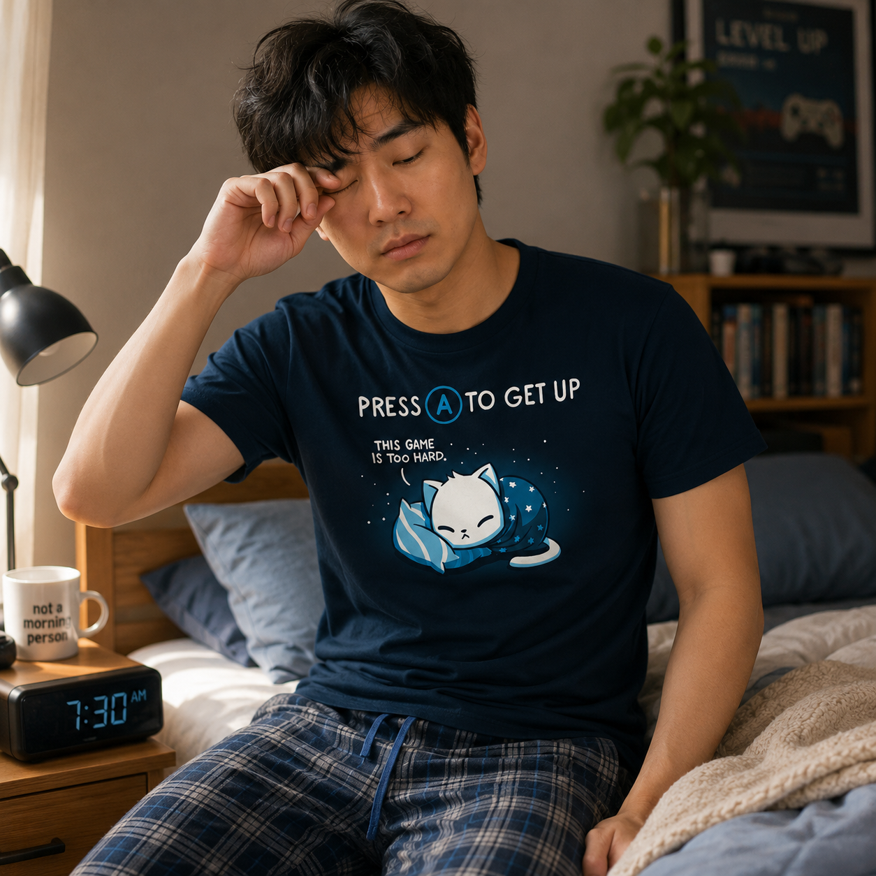 Premium Cotton T-shirt_TeeTurtle navy blue Bedtime Lag featuring featuring a sleepy cat wrapped in a blanket laying on a pillow with the words "Press A To Get Up" and "This Game is Too Hard.".