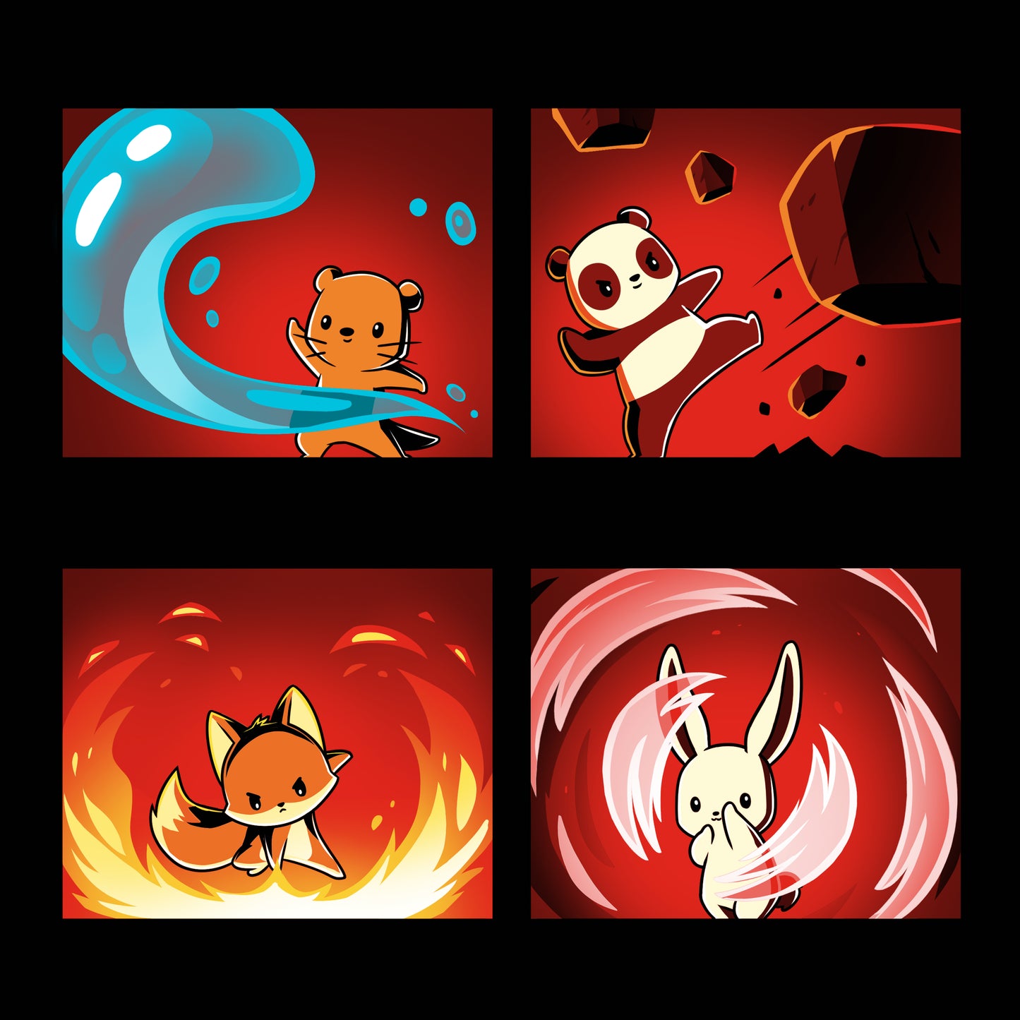 A set of four TeeTurtle Bending the Elements pictures featuring a panda and a fox, showcasing Earth bending.