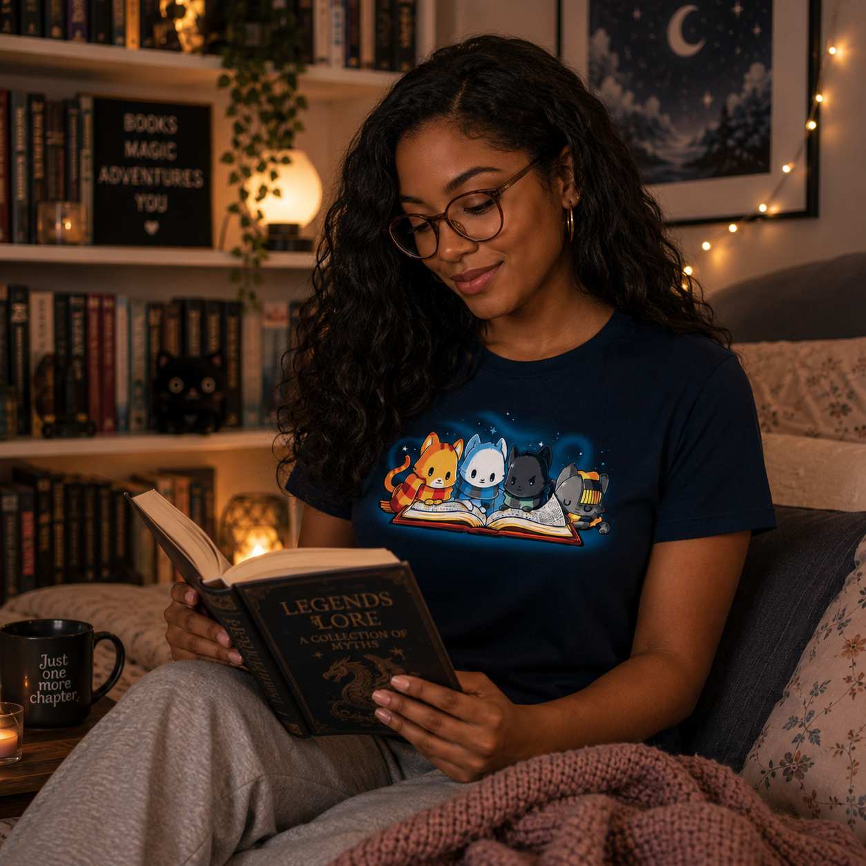 Premium Cotton T-shirt_TeeTurtle navy blue Books Are Magic. Featuring a cat with a red and yellow scarf, a cat with a blue and black scarf, a cat with a green and black scarf, and a cat with a yellow and black scarf reading the same book together.