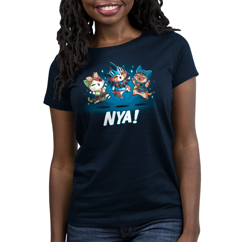 Premium Cotton T-shirt_TeeTurtle navy blue Nya Felynes apparel featuring three Felynes from Monster Hunter from various professions jumping happily in the air, with the caption, "Nya!".