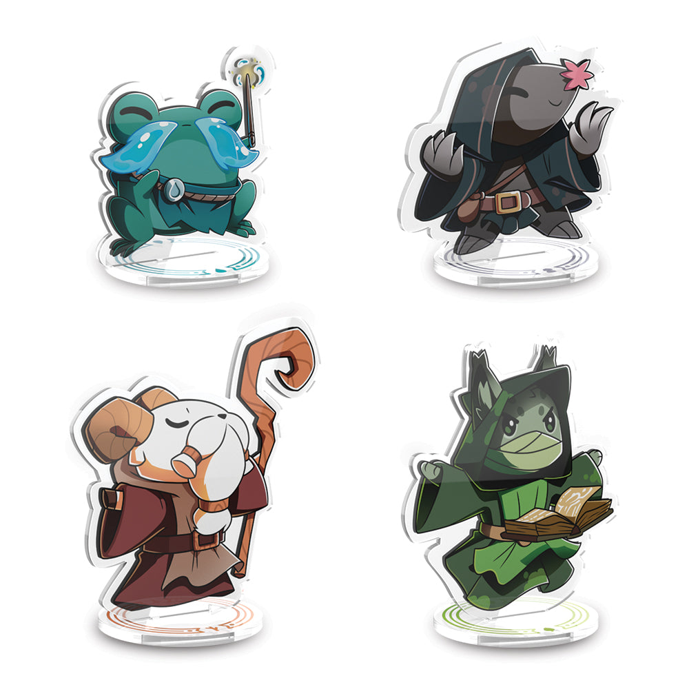 Four illustrated animal characters—a frog in goggles, a cloaked figure, a ram with a staff, and a cat reading a book—each dressed in adventure-themed attire—bring your Command of Nature: Base Game Standee Set from Unstable Games to life. These vibrant vinyl figures make perfect desk toys for any explorer at heart.