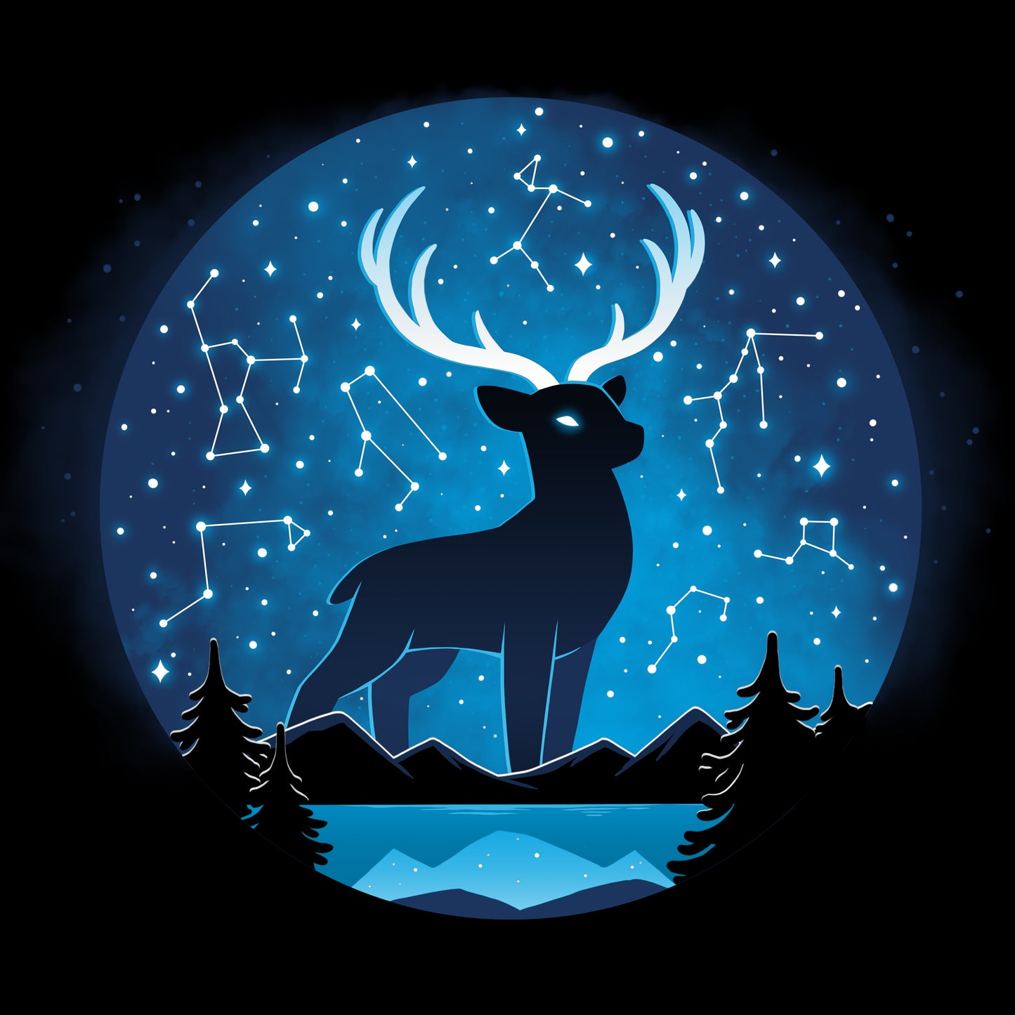 An ethereal Celestial Stag (Glow) standing in the night sky with constellations, glowing softly, brought to you by TeeTurtle.