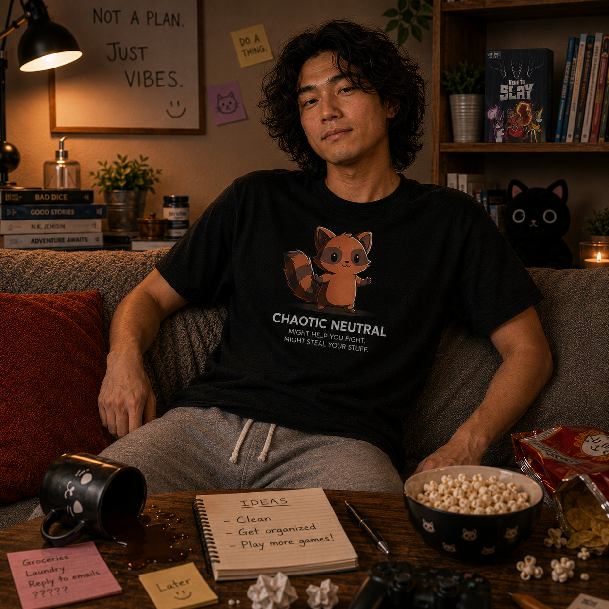 Premium Cotton T-shirt_TeeTurtle black Chaotic Neutral featuring an illustration of a raccoon with a caption "Chaotic Neutral. Might help you fight. Might steal your stuff." The raccoon has a smug expression and stands against a dark background.