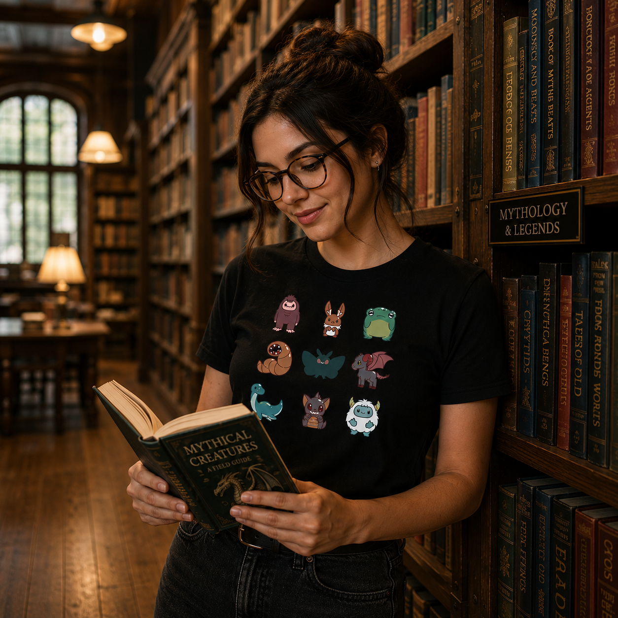 Premium Cotton T-shirt_TeeTurtle Cute Cryptids black t-shirt featuring a grid of cute cryptids, featuring a bigfoot, bunny, frog, worm, moth, winged goat, aquatic dinosaur, bat, and yeti.