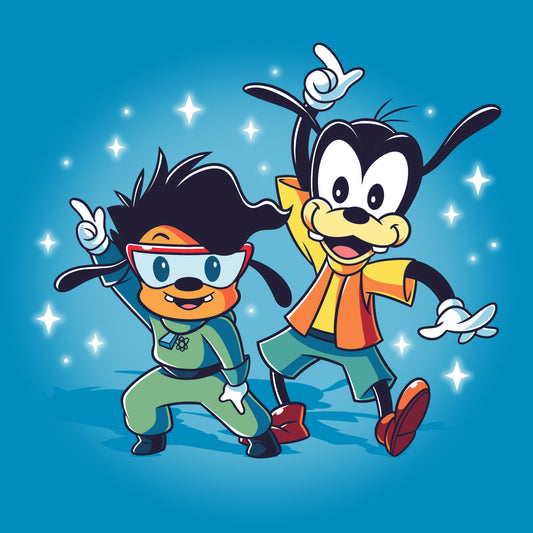 Two cartoon characters are posing in front of a cobalt blue background promoting the A Goofy Movie by Disney.