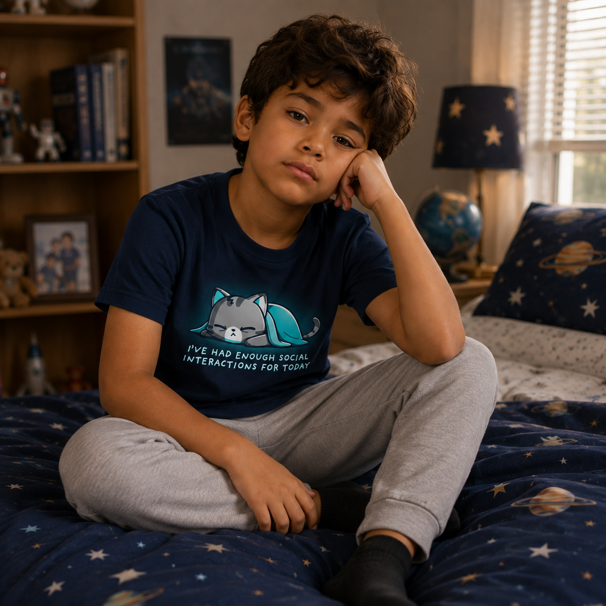 Kids' Classic T-Shirt_TeeTurtle navy Enough Social Interactions Kids' Classic T-Shirt featuring an exhausted gray tabby cat lying under a teal blanket with the text "I've Had Enough Social Interactions For Today."