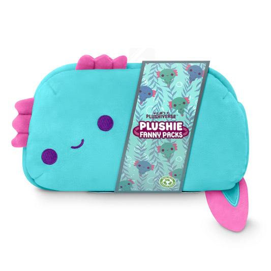 Kawaii cuties Plushiverse Alotl Fun plushie fanny pack by TeeTurtle with an adjustable belt, featuring a cute face and pink details.