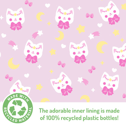 A patterned design from the Kawaii Cuties collection featuring cute cat faces, moons, and stars, with a label indicating the material is made from 100% recycled plastic bottles on the Plushiverse Just Like Meowgic Plushie Fanny Pack by TeeTurtle.