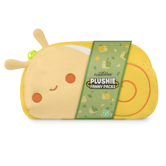A yellow Plushiverse Swirly Snail Plushie Fanny Pack by TeeTurtle offers hands-free functionality.