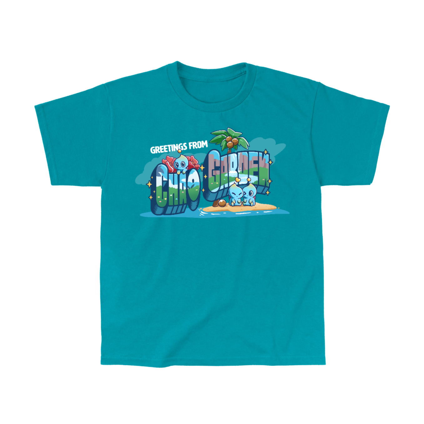 Classic Cotton T-shirt_TeeTurtle tropical blue Greetings from Chao Garden Classic Cotton T-shirt featuring a vintage postcard design with cute little chao guys on an island with a coconut tree. There is text that reads "Greetings from" at the top and below there is a landscape visible in the bubble letters that spell "Chao Garden"