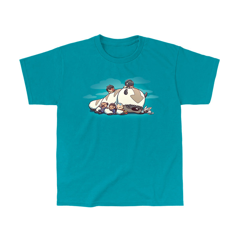 Classic Cotton T-shirt_TeeTurtle tropical blue Sleepy Gaang apparel featuring Aang, Katara, Sokka, Toph, Zuko and Momo from Avatar: The Last Airbender, all asleep and cuddling wtih Appa the Air Bison, who is also asleep, with a background of clouds.