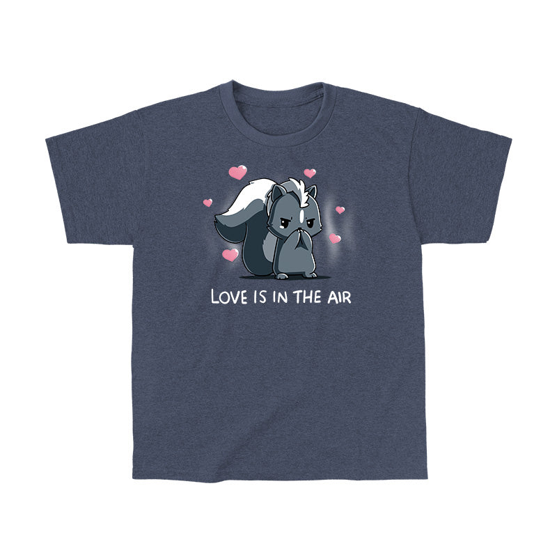Classic Cotton T-Shirt_TeeTurtle heather navy Scentimental Feelings Classic Cotton T-Shirt featuring a skunk standing up on its back legs with its front paws covering its nose, hearts coming out in the background with the caption, "love is in the air".