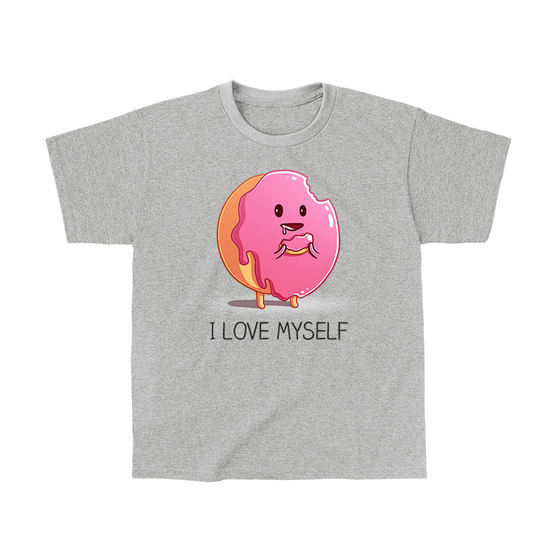 Classic Cotton T-shirt_Teeturtle I Love Myself Sport Grey Featuring a cute cartoon frosted pink donut holding a piece of itself its been eating with 'I Love Myself' written underneath.