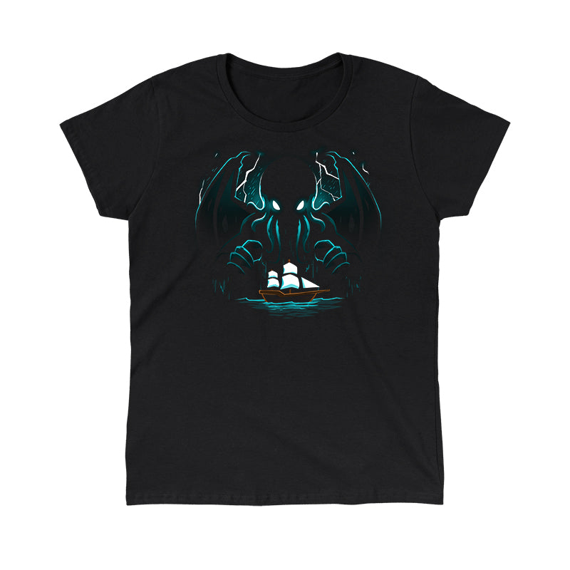 Classic Cotton T-shirt_TeeTurtle Epic Cthulhu black t-shirt featuring the fictional cosmic creature Cthulhu hovering over a brown ship with whites sails in the in the stormy, dark sea.