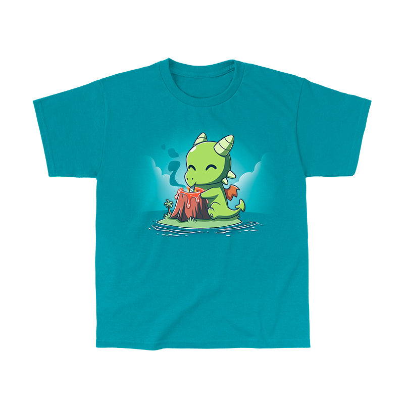 Classic Cotton T-shirt_TeeTurtle Magma Milkshake tropical blue t-shirt featuring an illustration of a green dragon sitting on a small island contently drinking lava from a volcano with a straw.