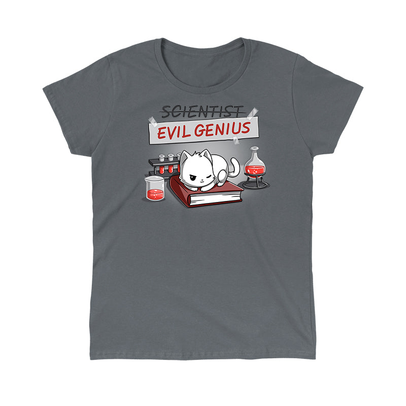 Classic Cotton T-shirt_TeeTurtle Evil Genius charcoal gray t-shirt featuring a white cat with a sly expression sitting on a book, surrounded by science equipment and red liquid in beakers. Above, a sign is crossed out that reads "SCIENTIST" with "EVIL GENIUS" written beneath it in red.