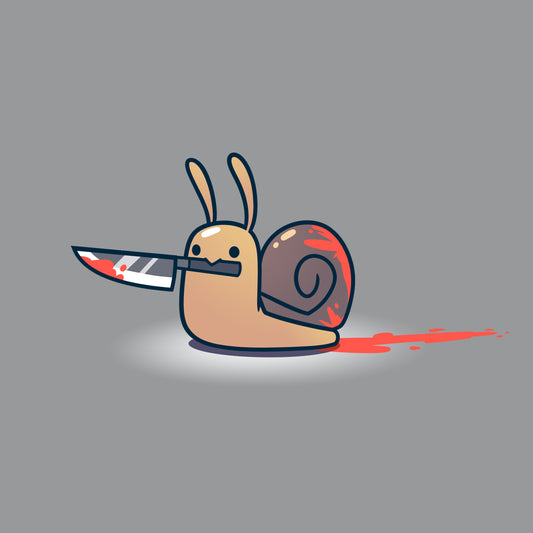Illustration of the monsterdigital Killer Snail, a cartoon snail with rabbit ears, carrying a bloody knife, with a trail of blood behind it on a gray background, perfect for a Men's T-shirt.