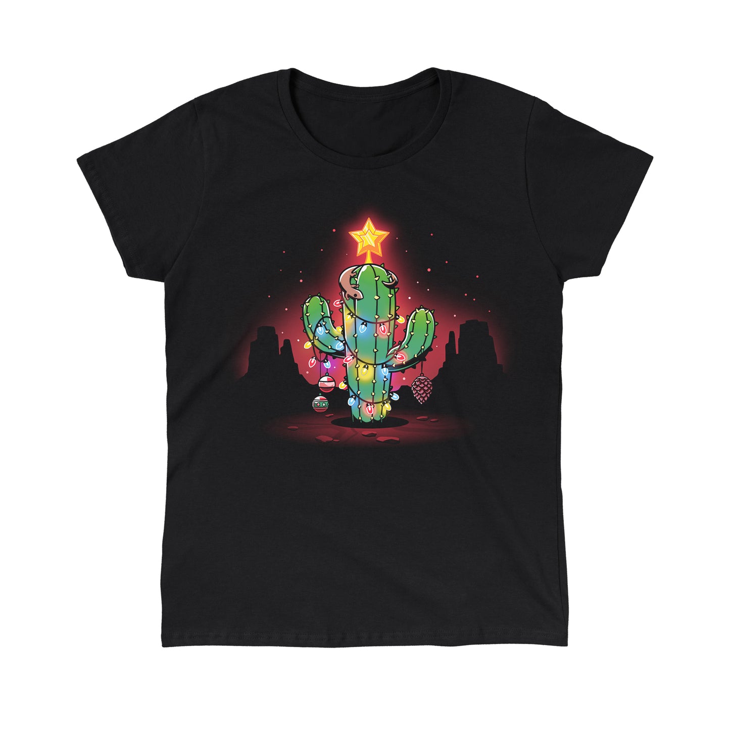 Classic Cotton T-shirt_TeeTurtle A Desert Christmas Black t-shirt featuring an artistic cactus with lights, ornaments, a star, and a gecko on top in front of a grand canyon inspired silhouetted background.