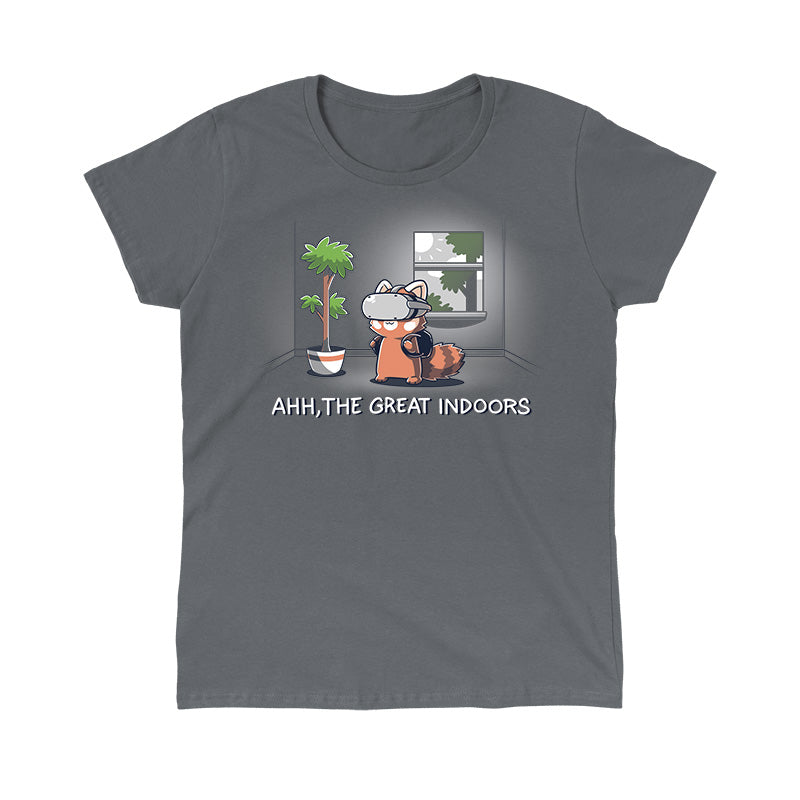 Classic Cotton T-shirt_TeeTurtle Ahh, The Great Indoors Charcoal Gray t-shirt featuring A cartoon fox wearing a VR headset stands indoors beside a potted plant and a window. The text below reads, "AHH, THE GREAT INDOORS".