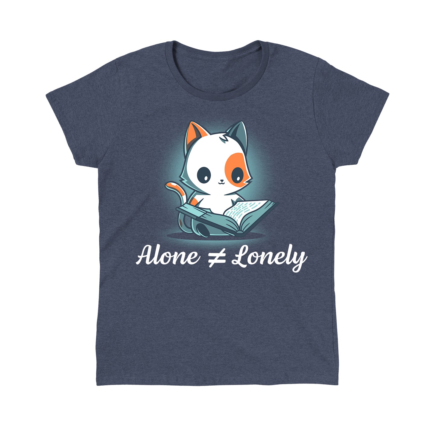 Classic Cotton T-shirt_TeeTurtle heather navy Alone Not Lonely apparel featuring calico cat smiling reading a book. Caption says, "alone ≠lonely".