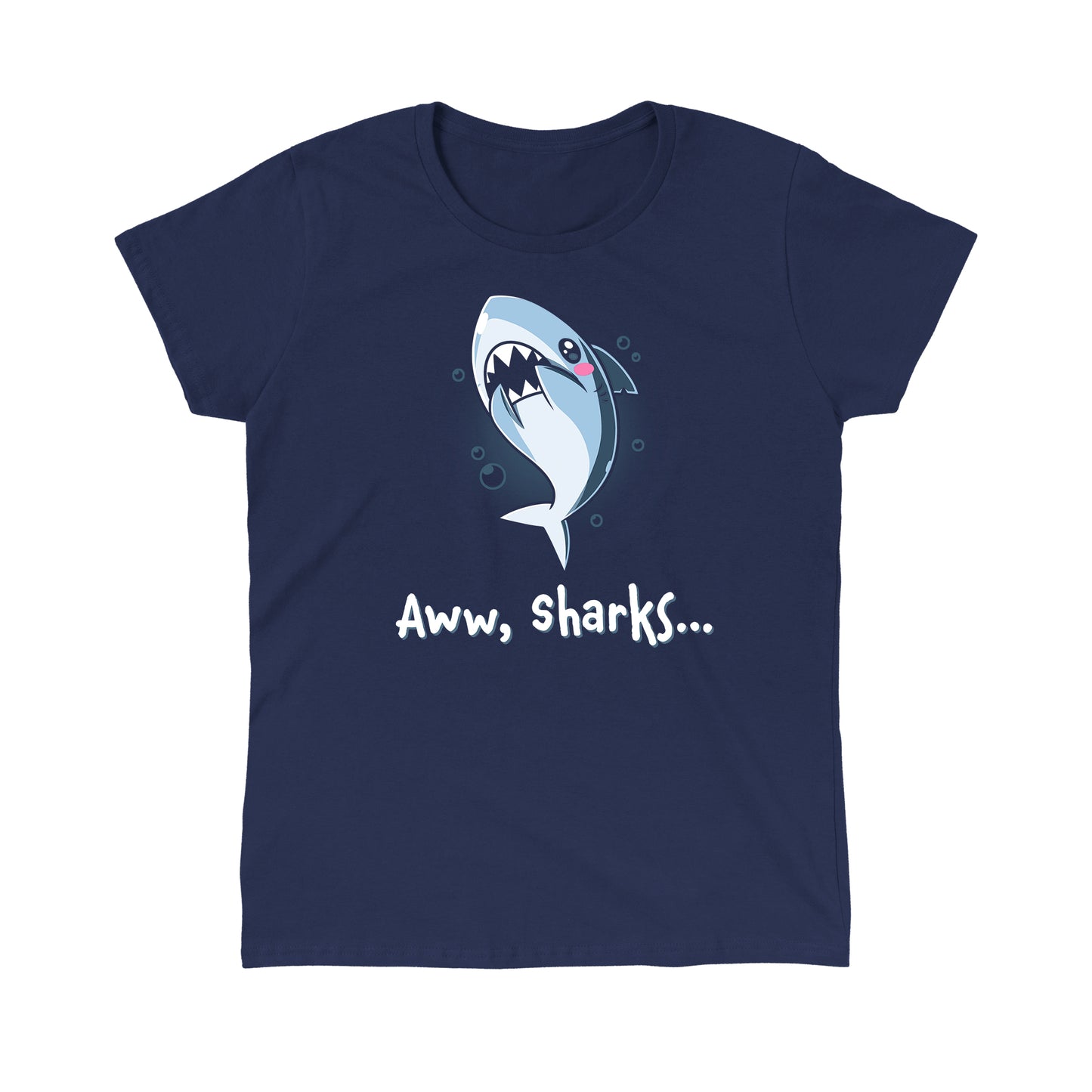 Classic Cotton T-shirt_TeeTurtle Aww, Sharks navy blue t-shirt featuring a cute cartoon shark with a blush on its face that swims with bubbles with a pun at the bottom that says, "Aww, Sharks".