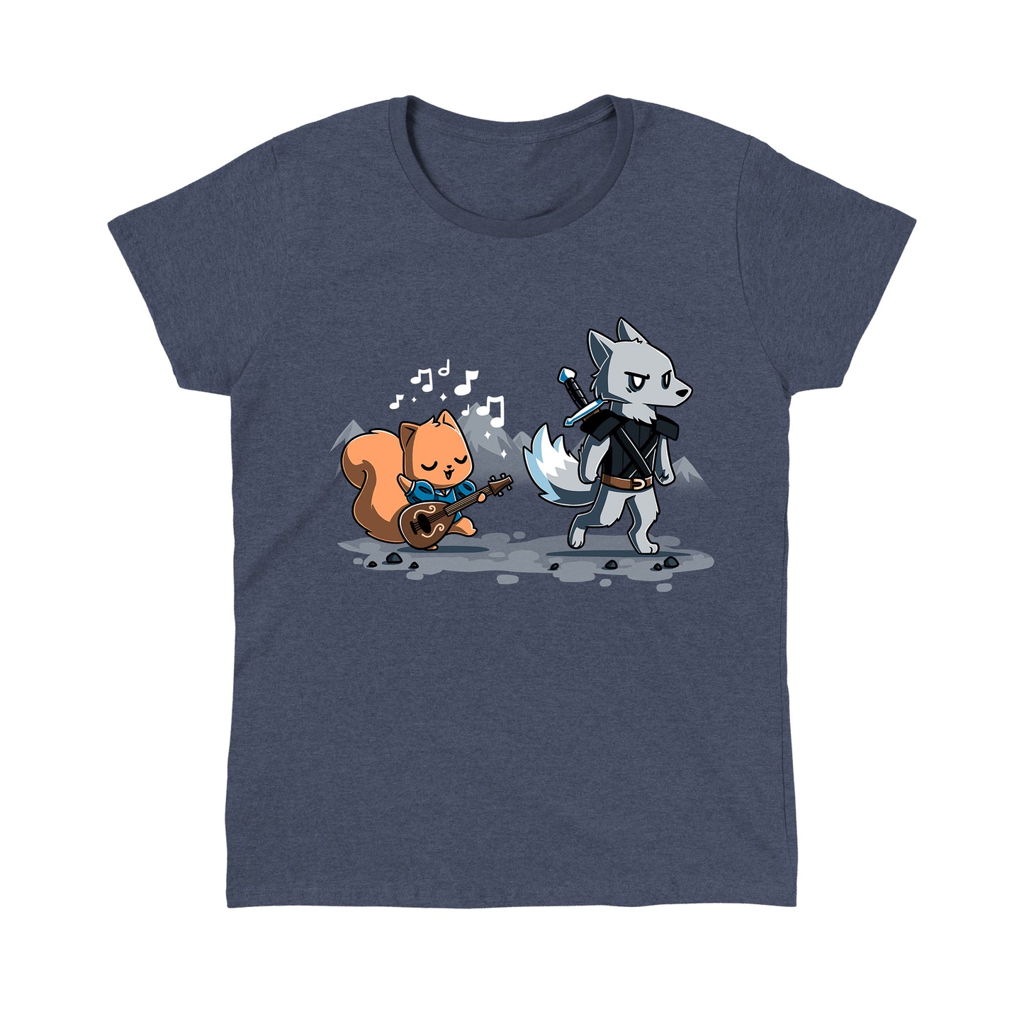 Classic Cotton T-shirt_Teeturtle heather navy Ballad of the Bard apparel featuring a squirrel playing a guitar with music notes around, while a wolf in armor holding a sword walks ahead in a mountain landscape.