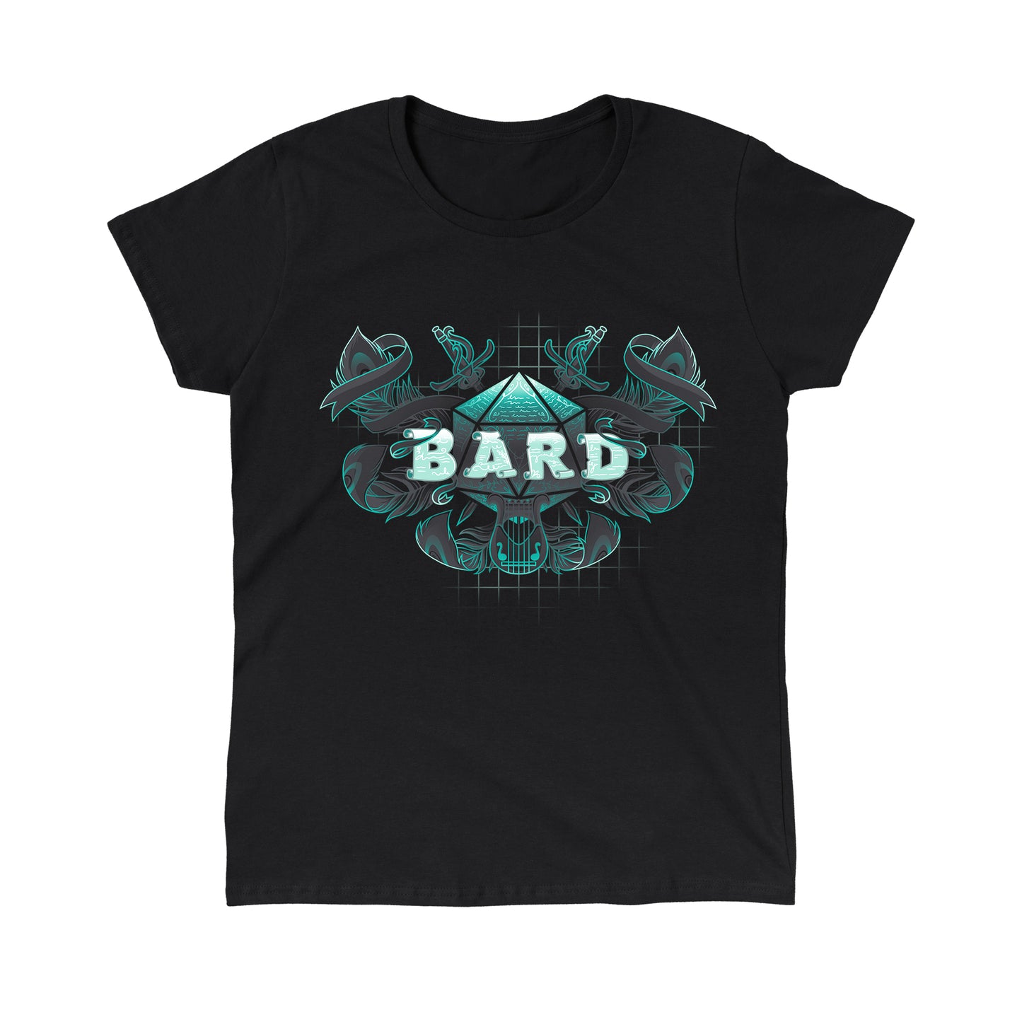Classic Cotton T-shirt_TeeTurtle black Bard Class apparel featuring the word 'BARD' in scroll font, with a D20, feathers, and a lyre around it.