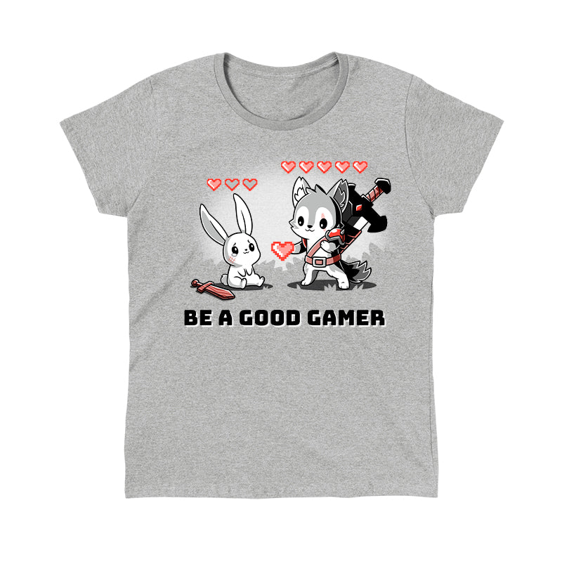 Classic Cotton T-shirt_TeeTurtle Be a Good Gamer heather gray t-shirt featuring a gray wolf character in armor with 5 life hearts above him offering a video game style life heart to an injured bunny who only has one life heart left sitting crying next to a sword. Text below reads, "BE A GOOD GAMER."